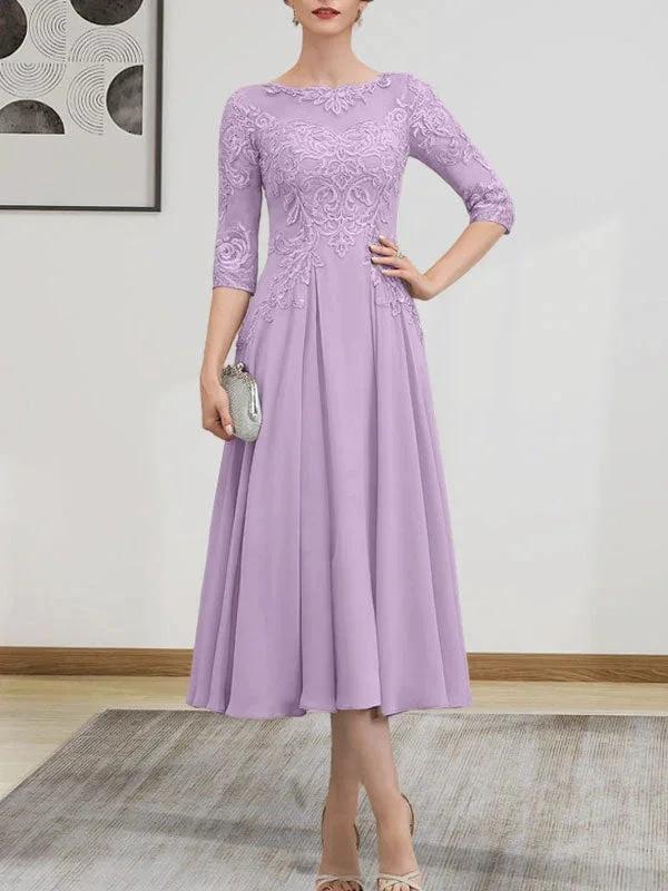 A-line Scoop Illusion Tea-Length Chiffon Lace Mother of the Bride Dress With Beading Sequins - Image 66
