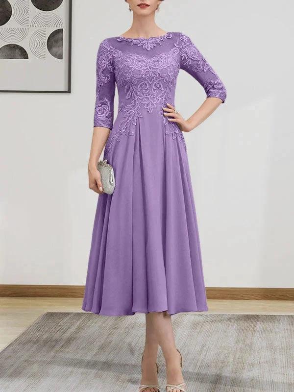 A-line Scoop Illusion Tea-Length Chiffon Lace Mother of the Bride Dress With Beading Sequins - Image 67