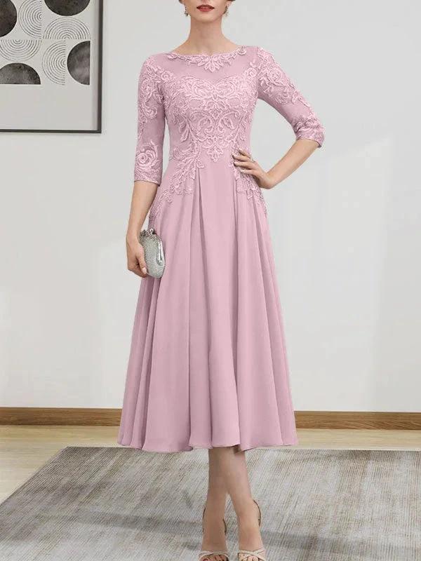 A-line Scoop Illusion Tea-Length Chiffon Lace Mother of the Bride Dress With Beading Sequins - Image 68