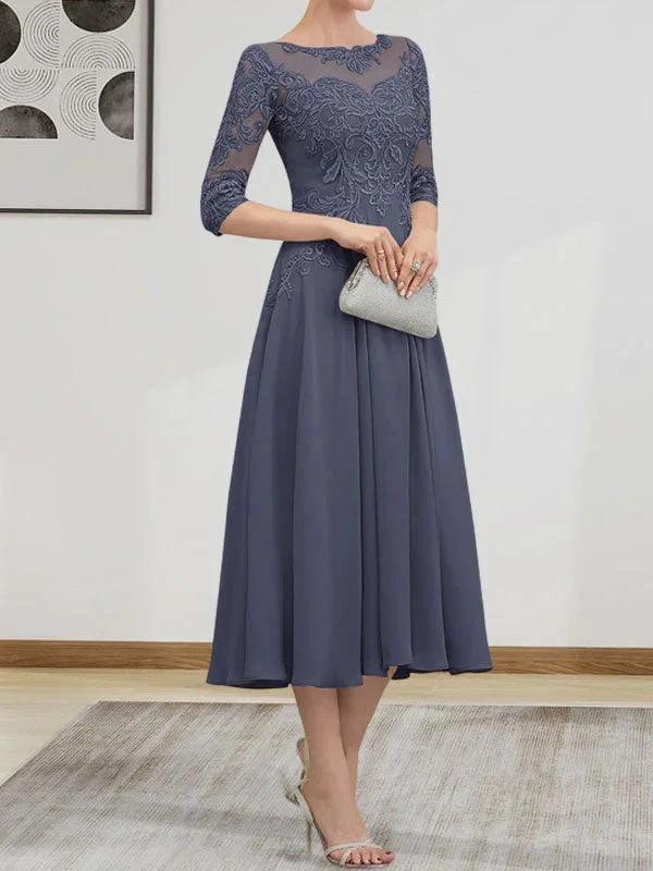 A-line Scoop Illusion Tea-Length Chiffon Lace Mother of the Bride Dress With Beading Sequins - Image 7