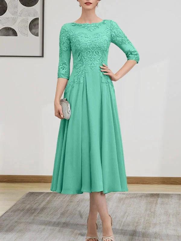 A-line Scoop Illusion Tea-Length Chiffon Lace Mother of the Bride Dress With Beading Sequins - Image 70
