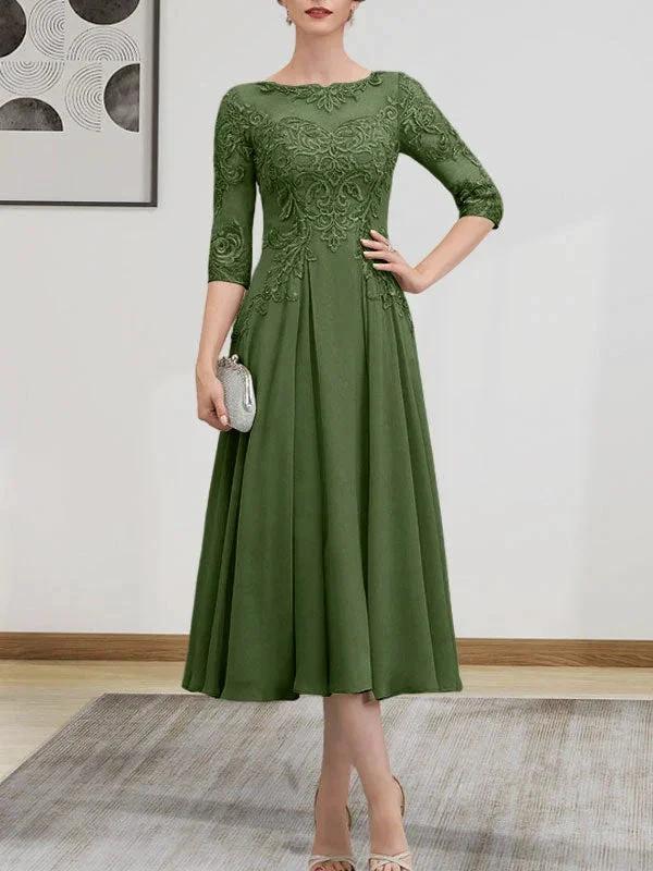 A-line Scoop Illusion Tea-Length Chiffon Lace Mother of the Bride Dress With Beading Sequins - Image 72