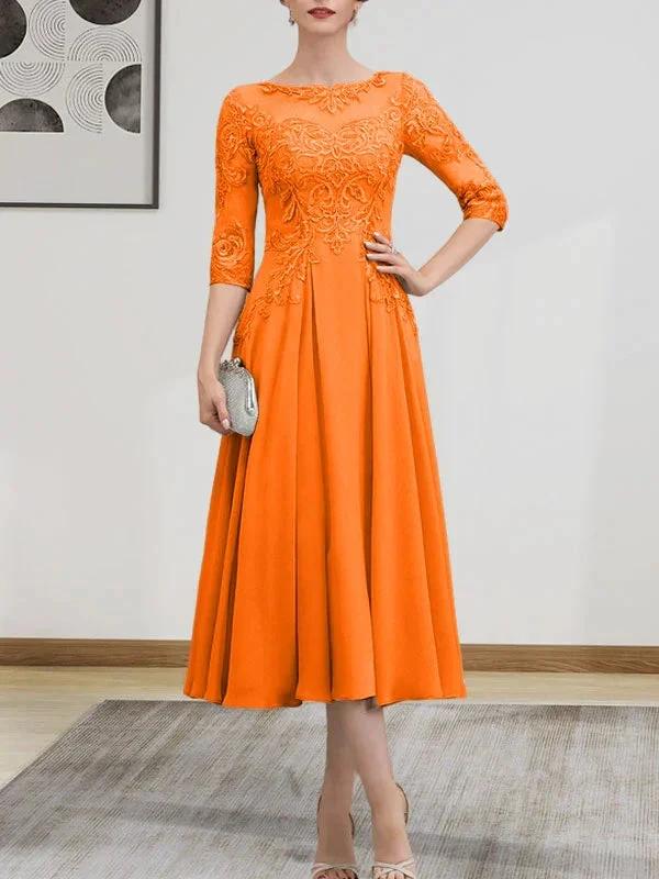 A-line Scoop Illusion Tea-Length Chiffon Lace Mother of the Bride Dress With Beading Sequins - Image 73