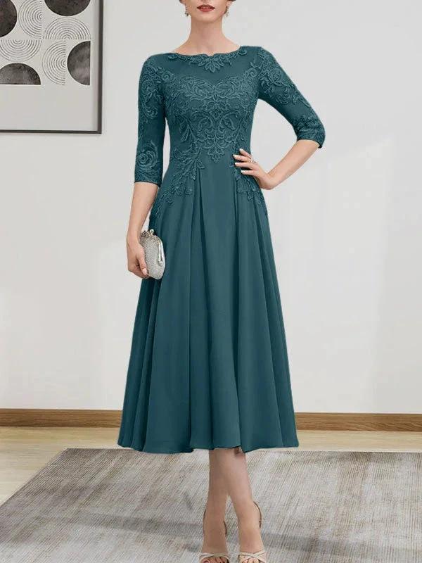 A-line Scoop Illusion Tea-Length Chiffon Lace Mother of the Bride Dress With Beading Sequins - Image 74