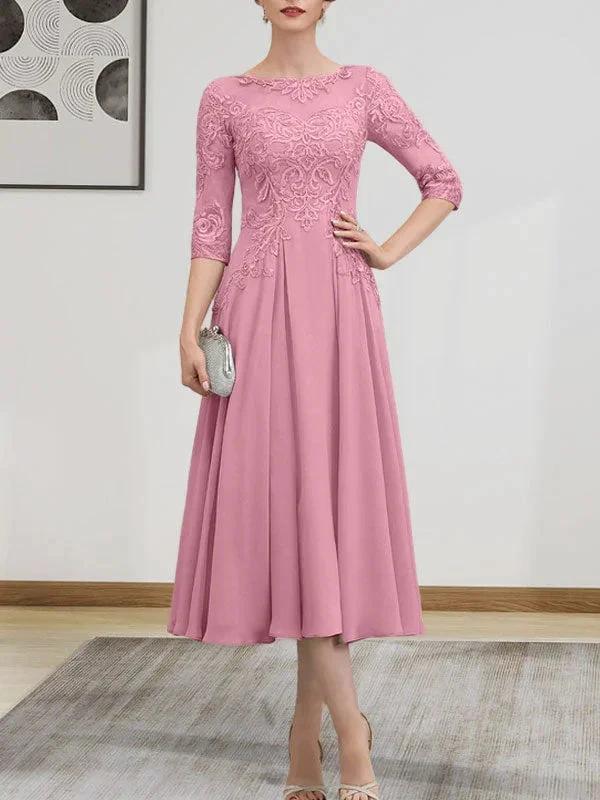A-line Scoop Illusion Tea-Length Chiffon Lace Mother of the Bride Dress With Beading Sequins - Image 75