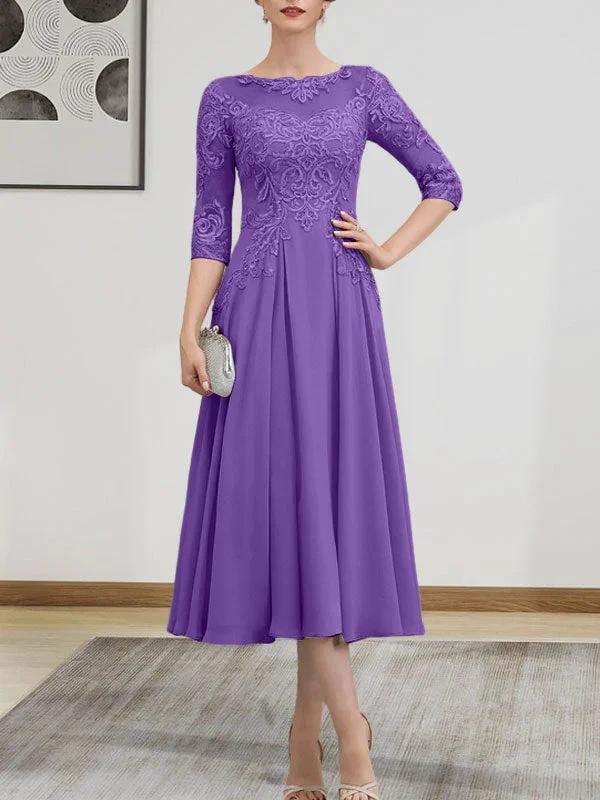 A-line Scoop Illusion Tea-Length Chiffon Lace Mother of the Bride Dress With Beading Sequins - Image 76