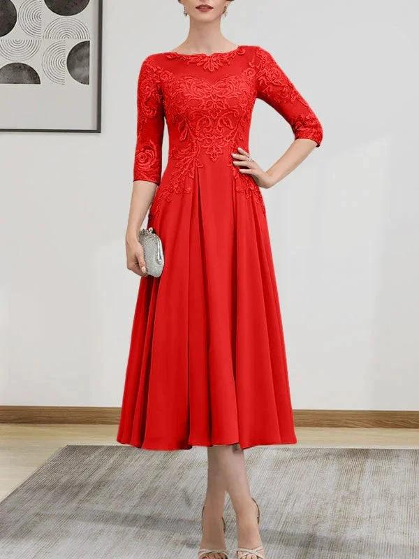 A-line Scoop Illusion Tea-Length Chiffon Lace Mother of the Bride Dress With Beading Sequins - Image 77