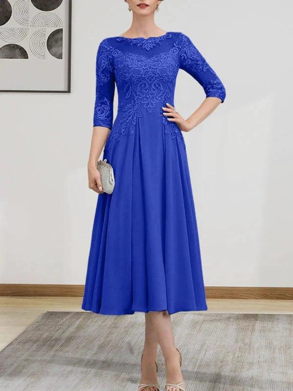 A-line Scoop Illusion Tea-Length Chiffon Lace Mother of the Bride Dress With Beading Sequins - Image 78