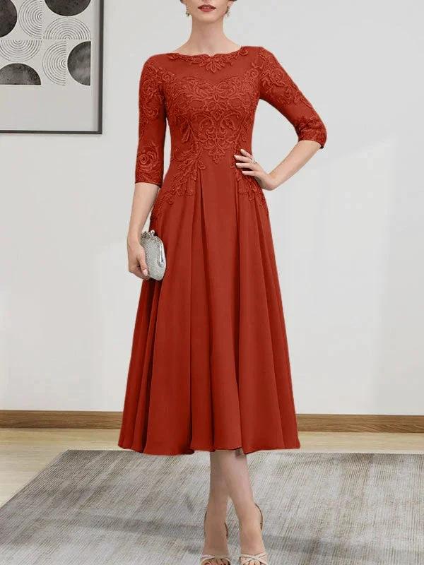 A-line Scoop Illusion Tea-Length Chiffon Lace Mother of the Bride Dress With Beading Sequins - Image 79