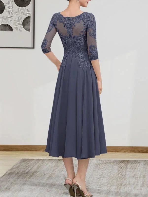 A-line Scoop Illusion Tea-Length Chiffon Lace Mother of the Bride Dress With Beading Sequins - Image 8