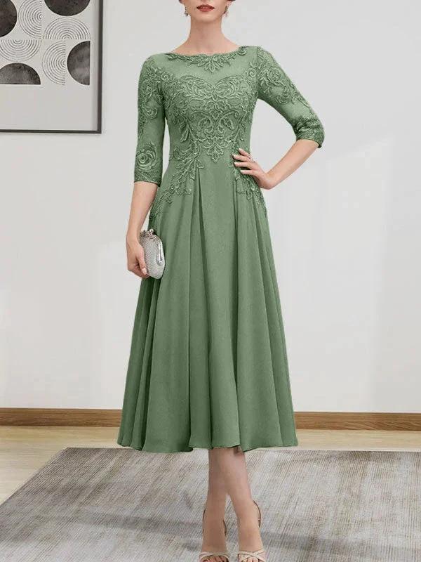 A-line Scoop Illusion Tea-Length Chiffon Lace Mother of the Bride Dress With Beading Sequins - Image 80