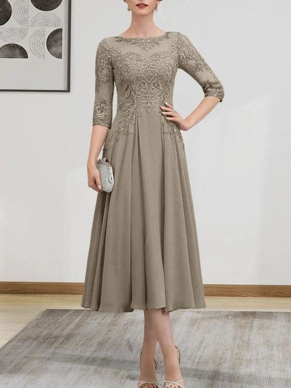 A-line Scoop Illusion Tea-Length Chiffon Lace Mother of the Bride Dress With Beading Sequins - Image 81