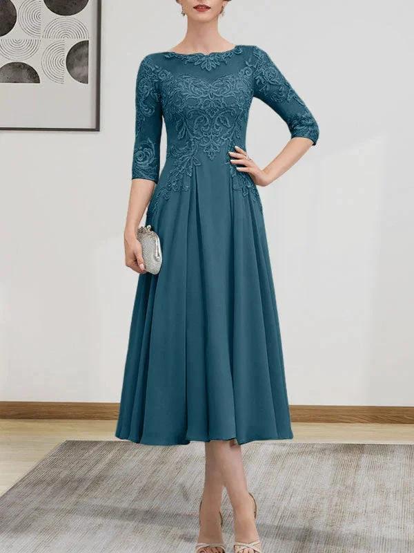 A-line Scoop Illusion Tea-Length Chiffon Lace Mother of the Bride Dress With Beading Sequins - Image 82