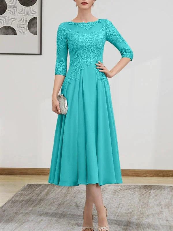 A-line Scoop Illusion Tea-Length Chiffon Lace Mother of the Bride Dress With Beading Sequins - Image 83