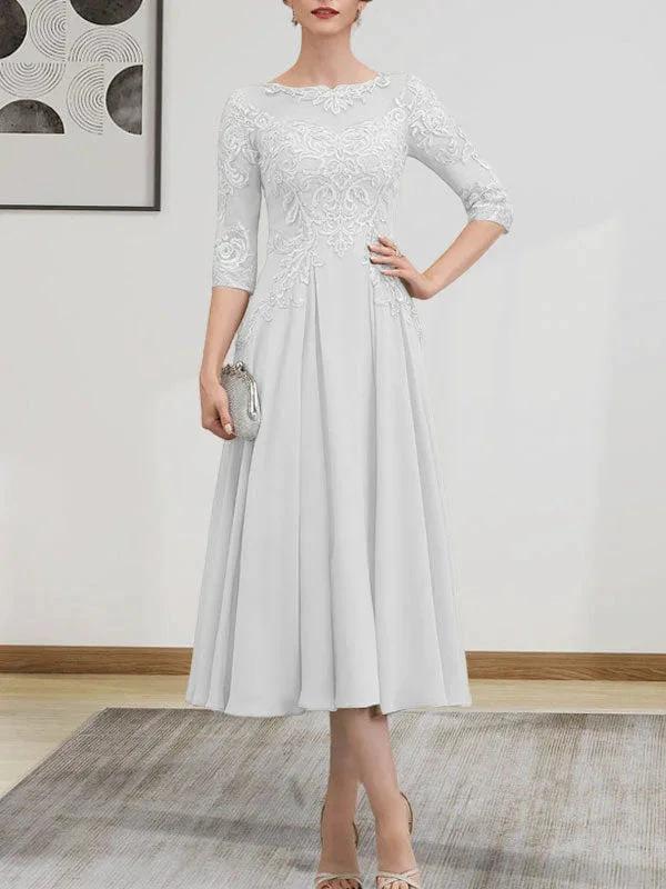 A-line Scoop Illusion Tea-Length Chiffon Lace Mother of the Bride Dress With Beading Sequins - Image 84