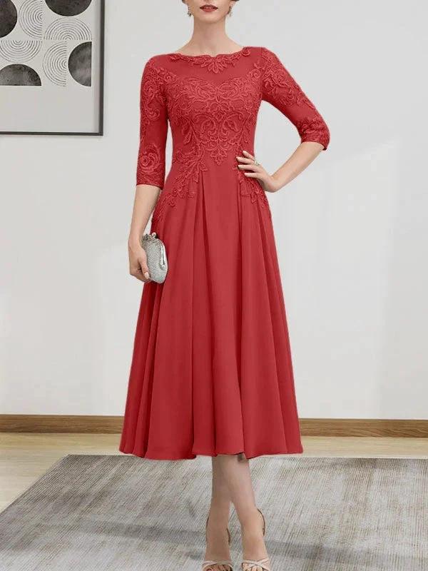 A-line Scoop Illusion Tea-Length Chiffon Lace Mother of the Bride Dress With Beading Sequins - Image 85