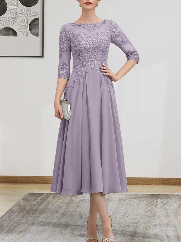 A-line Scoop Illusion Tea-Length Chiffon Lace Mother of the Bride Dress With Beading Sequins - Image 86
