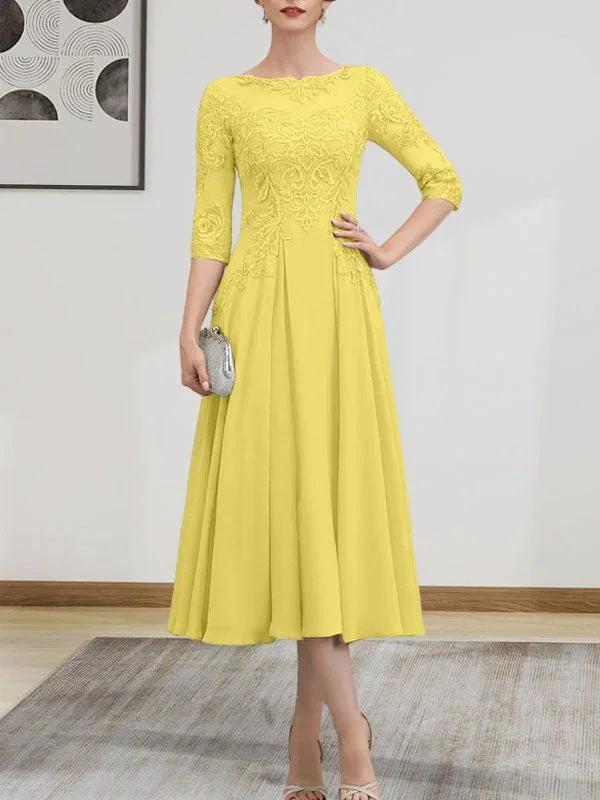 A-line Scoop Illusion Tea-Length Chiffon Lace Mother of the Bride Dress With Beading Sequins - Image 87