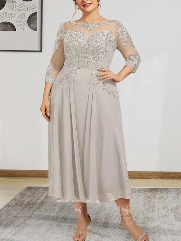 A-line Scoop Illusion Tea-Length Chiffon Lace Mother of the Bride Dress With Beading Sequins - Image 9