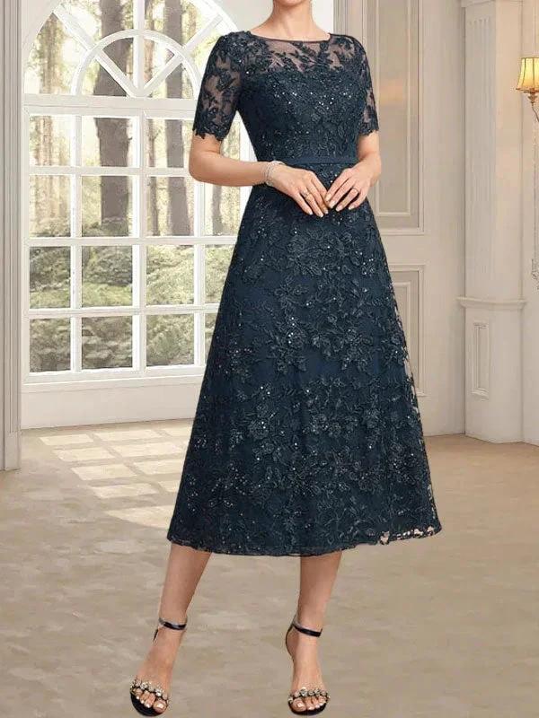 A-line Scoop Illusion Tea-Length Lace Mother of the Bride Dress With Sequins - Image 10