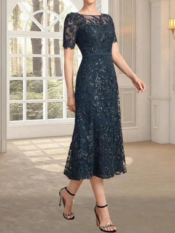 A-line Scoop Illusion Tea-Length Lace Mother of the Bride Dress With Sequins - Image 11