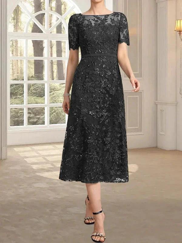 A-line Scoop Illusion Tea-Length Lace Mother of the Bride Dress With Sequins - Image 12