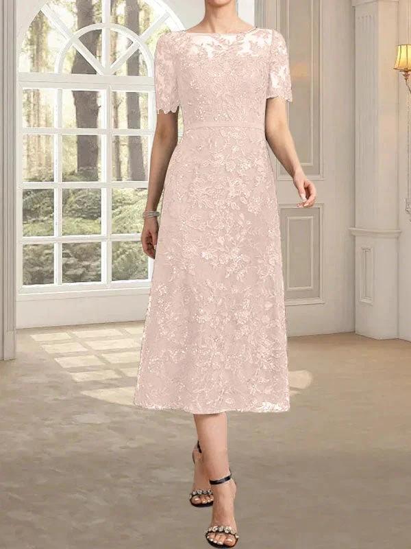 A-line Scoop Illusion Tea-Length Lace Mother of the Bride Dress With Sequins - Image 13