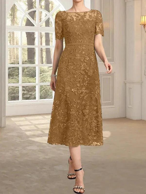 A-line Scoop Illusion Tea-Length Lace Mother of the Bride Dress With Sequins - Image 14