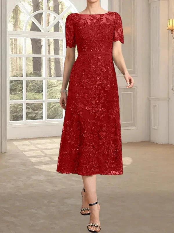 A-line Scoop Illusion Tea-Length Lace Mother of the Bride Dress With Sequins - Image 15