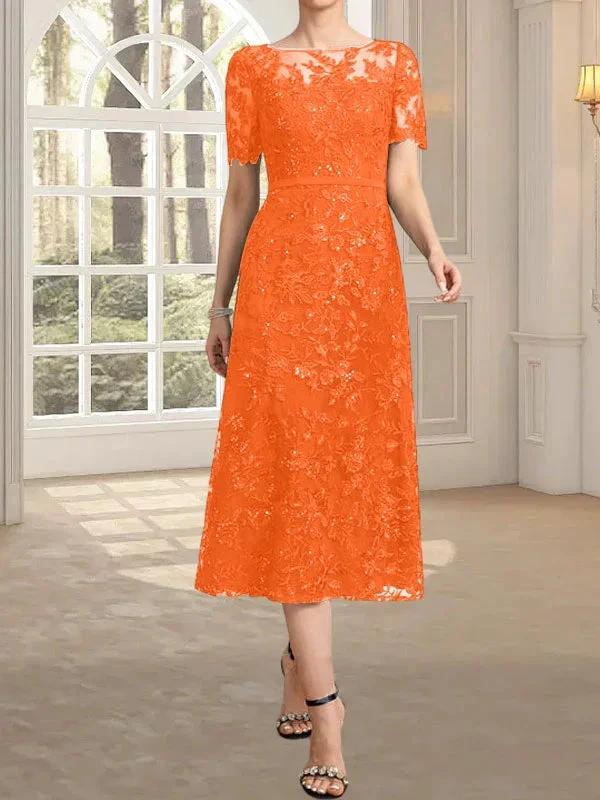 A-line Scoop Illusion Tea-Length Lace Mother of the Bride Dress With Sequins - Image 16