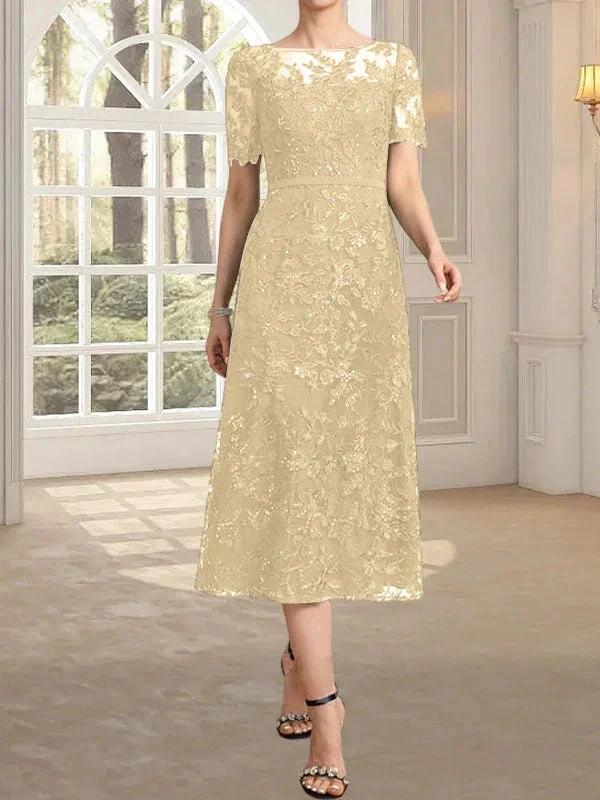 A-line Scoop Illusion Tea-Length Lace Mother of the Bride Dress With Sequins - Image 17