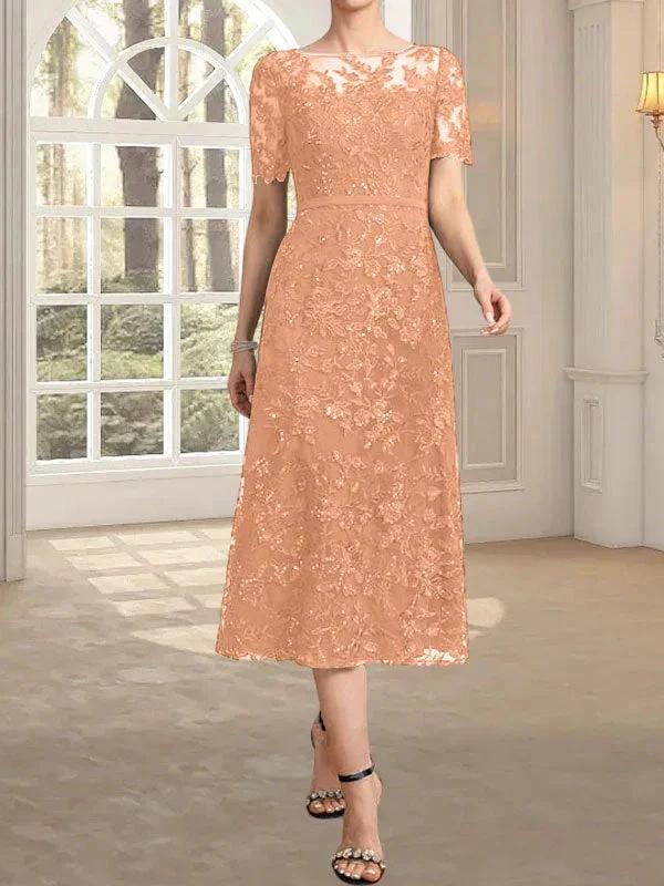 A-line Scoop Illusion Tea-Length Lace Mother of the Bride Dress With Sequins - Image 18