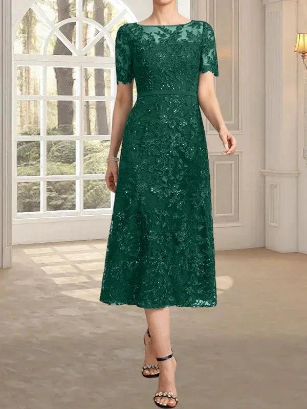 A-line Scoop Illusion Tea-Length Lace Mother of the Bride Dress With Sequins - Image 19