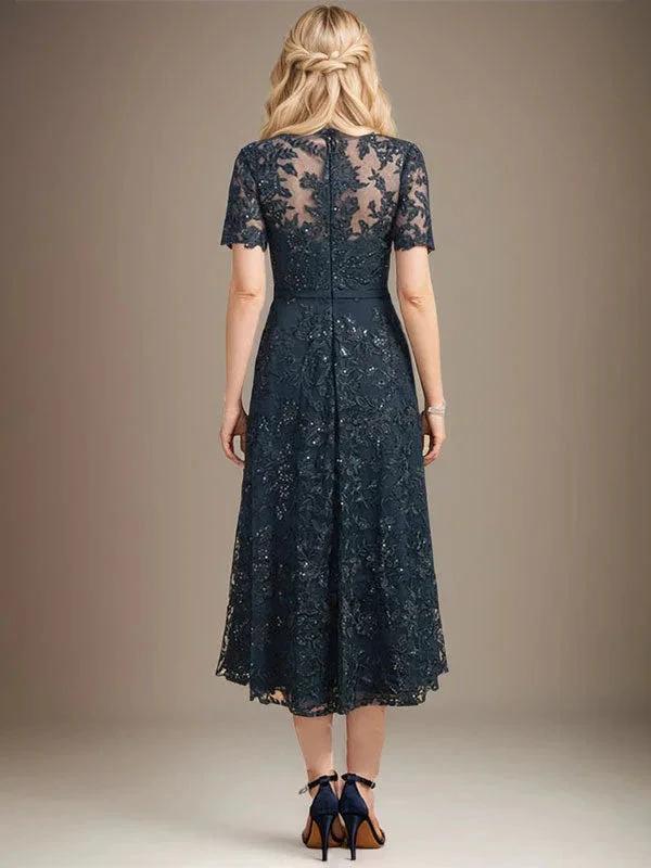 A-line Scoop Illusion Tea-Length Lace Mother of the Bride Dress With Sequins - Image 2