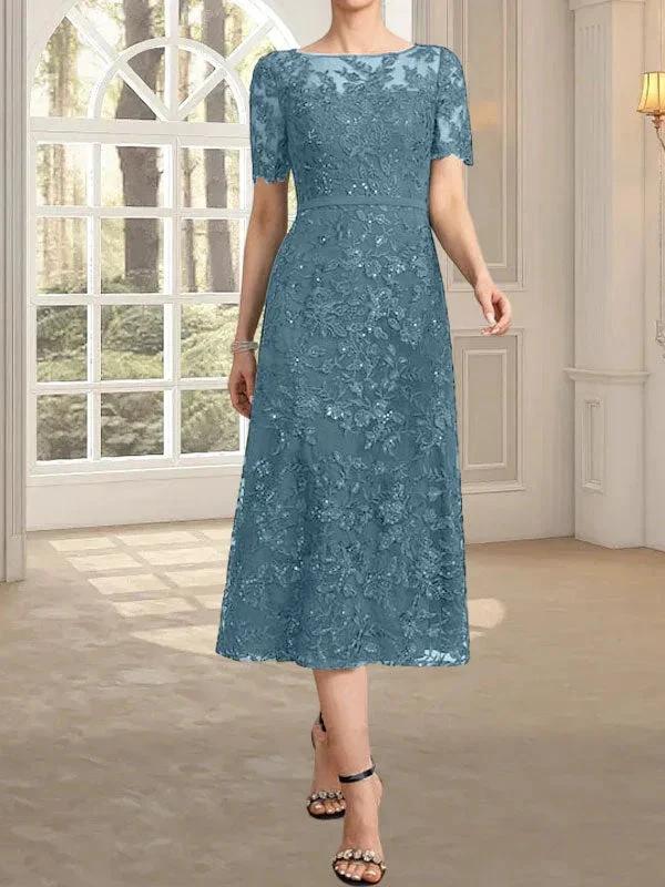 A-line Scoop Illusion Tea-Length Lace Mother of the Bride Dress With Sequins - Image 20