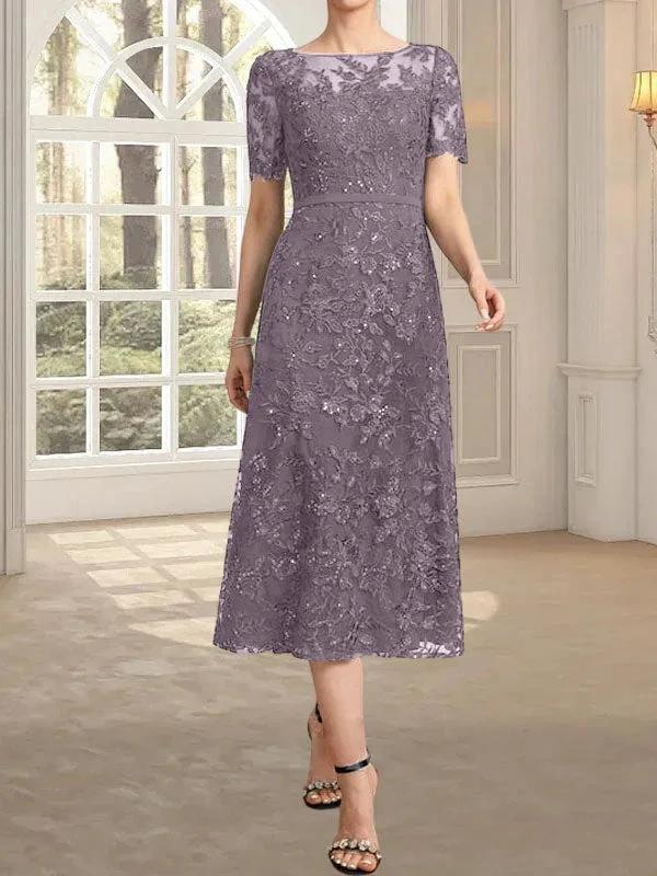 A-line Scoop Illusion Tea-Length Lace Mother of the Bride Dress With Sequins - Image 21