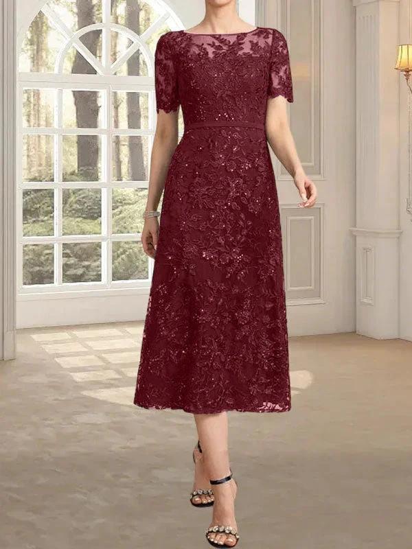 A-line Scoop Illusion Tea-Length Lace Mother of the Bride Dress With Sequins - Image 22