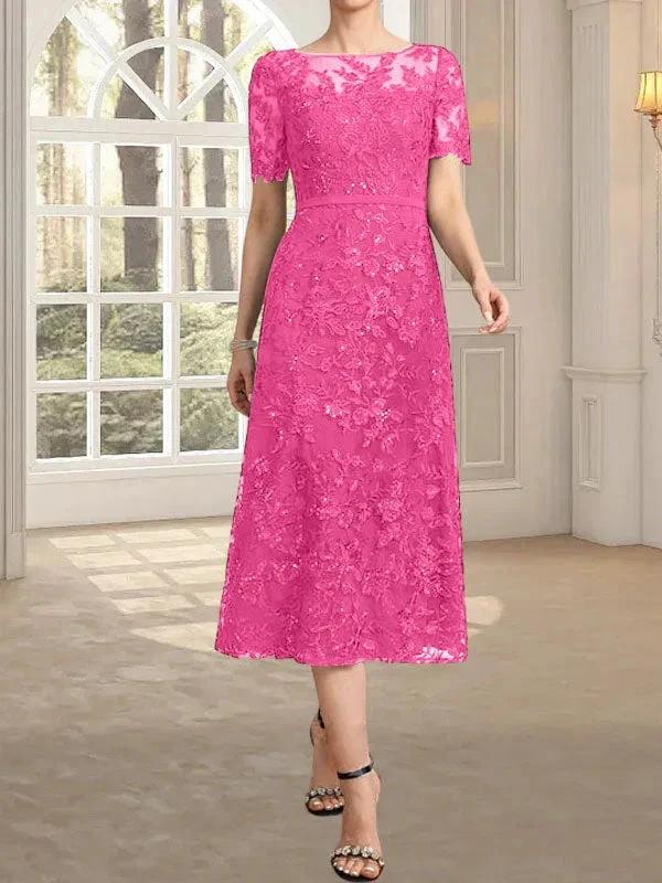 A-line Scoop Illusion Tea-Length Lace Mother of the Bride Dress With Sequins - Image 23