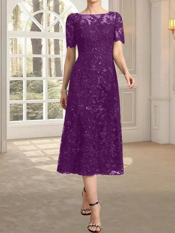 A-line Scoop Illusion Tea-Length Lace Mother of the Bride Dress With Sequins - Image 24