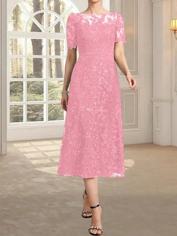A-line Scoop Illusion Tea-Length Lace Mother of the Bride Dress With Sequins - Image 25