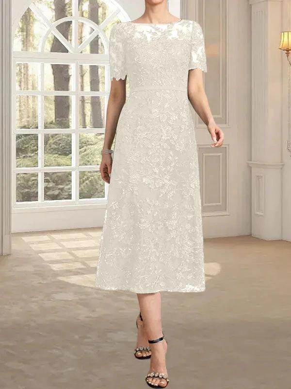 A-line Scoop Illusion Tea-Length Lace Mother of the Bride Dress With Sequins - Image 26
