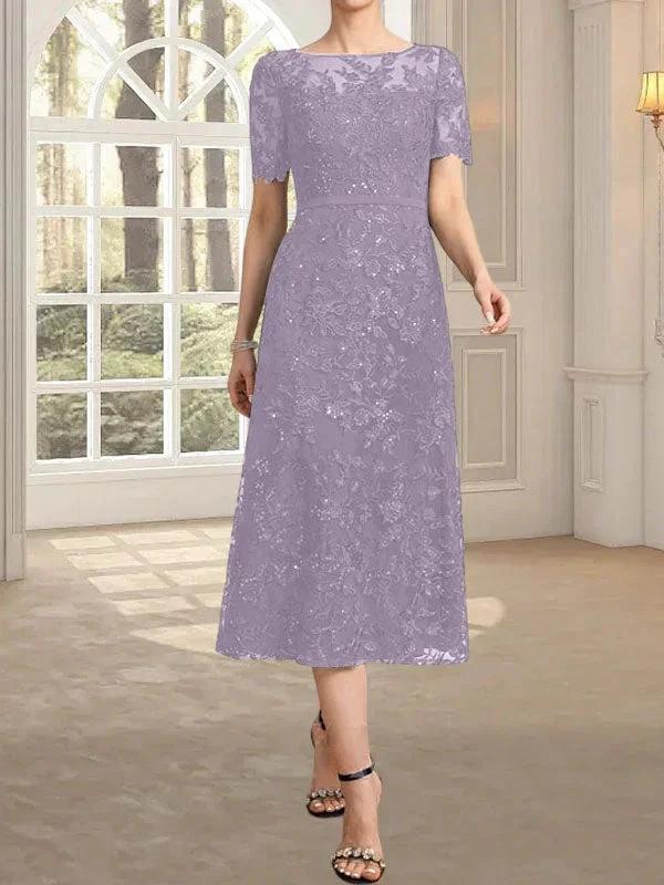 A-line Scoop Illusion Tea-Length Lace Mother of the Bride Dress With Sequins - Image 27