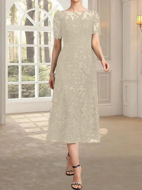 A-line Scoop Illusion Tea-Length Lace Mother of the Bride Dress With Sequins - Image 28