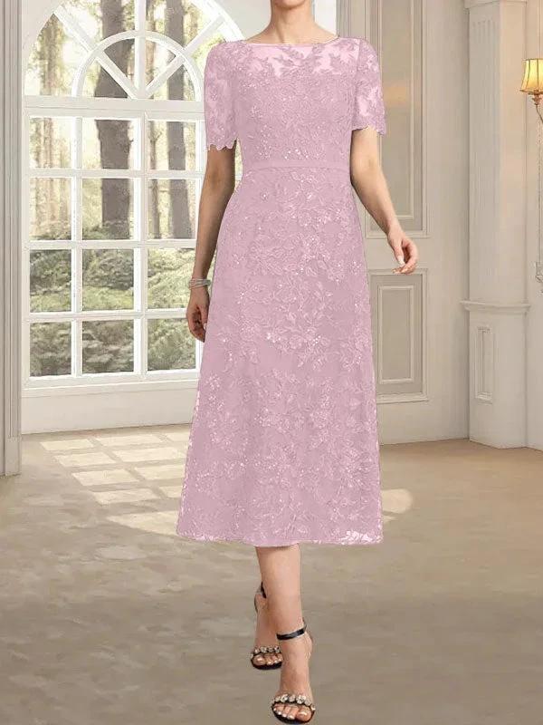 A-line Scoop Illusion Tea-Length Lace Mother of the Bride Dress With Sequins - Image 29