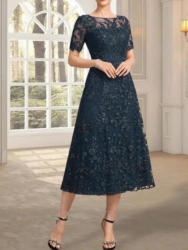 A-line Scoop Illusion Tea-Length Lace Mother of the Bride Dress With Sequins - Image 3