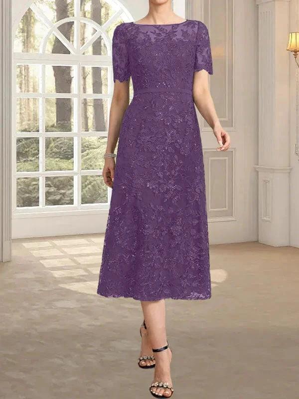 A-line Scoop Illusion Tea-Length Lace Mother of the Bride Dress With Sequins - Image 30