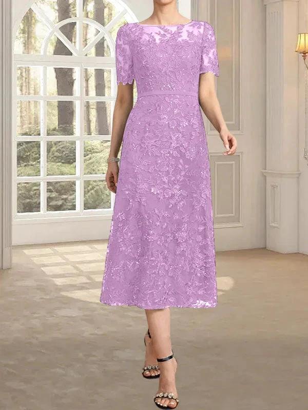 A-line Scoop Illusion Tea-Length Lace Mother of the Bride Dress With Sequins - Image 31