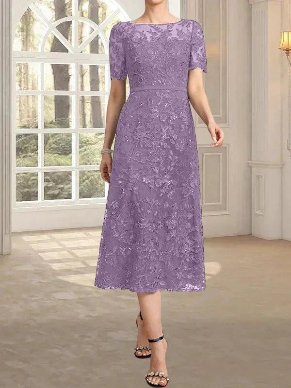 A-line Scoop Illusion Tea-Length Lace Mother of the Bride Dress With Sequins - Image 32