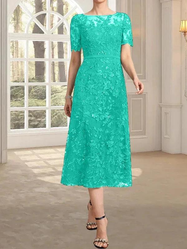 A-line Scoop Illusion Tea-Length Lace Mother of the Bride Dress With Sequins - Image 33