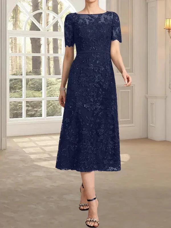 A-line Scoop Illusion Tea-Length Lace Mother of the Bride Dress With Sequins - Image 34